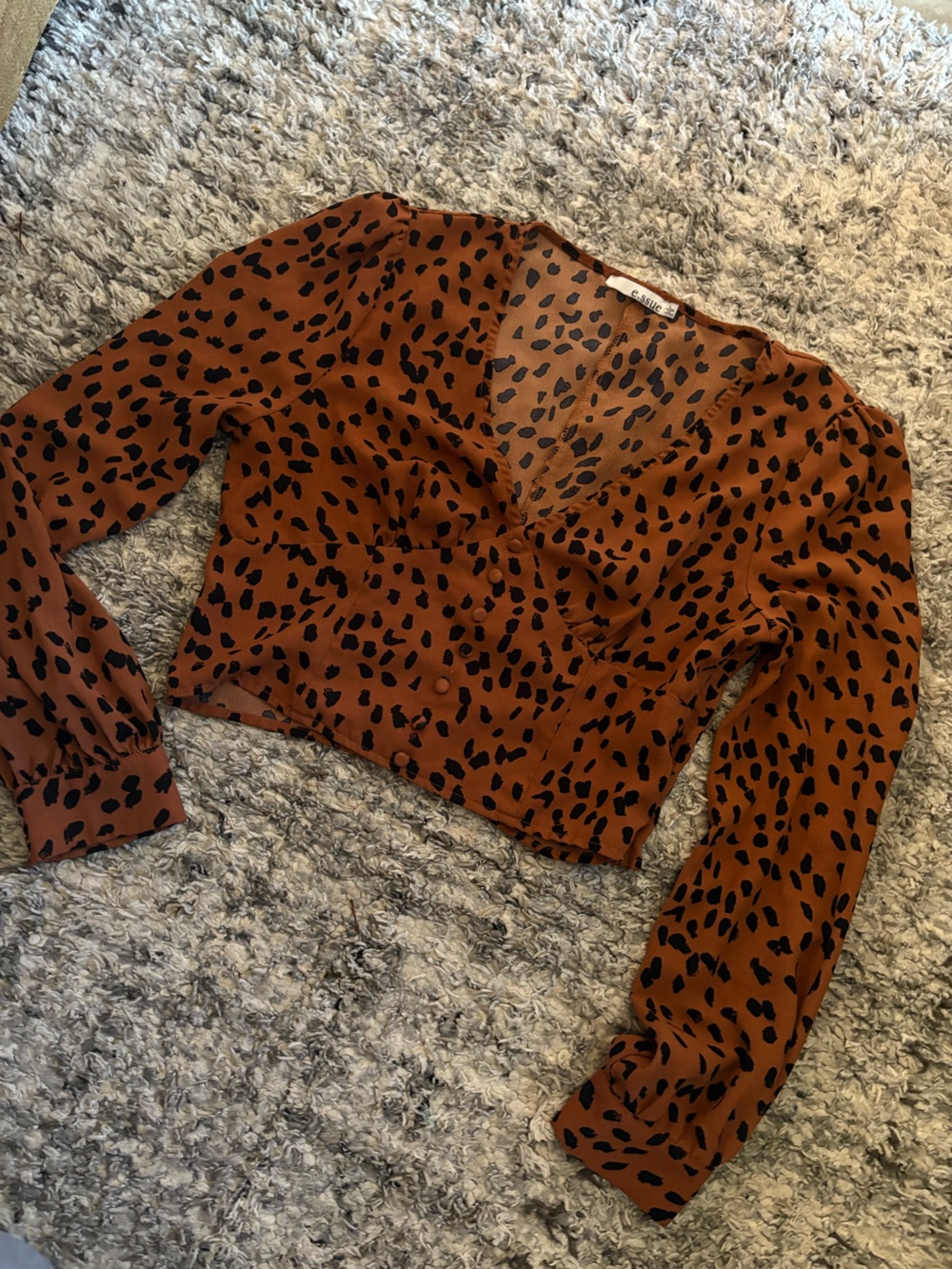 essue Rust Brown Leopard Print Long Sleeve Crop Top